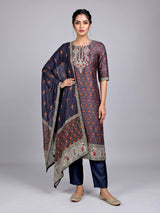 Navy cotton printed kurti set with embellished pant and dupatta