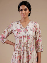 Cream silk printed kurti set with embellished palazzo and dupatta