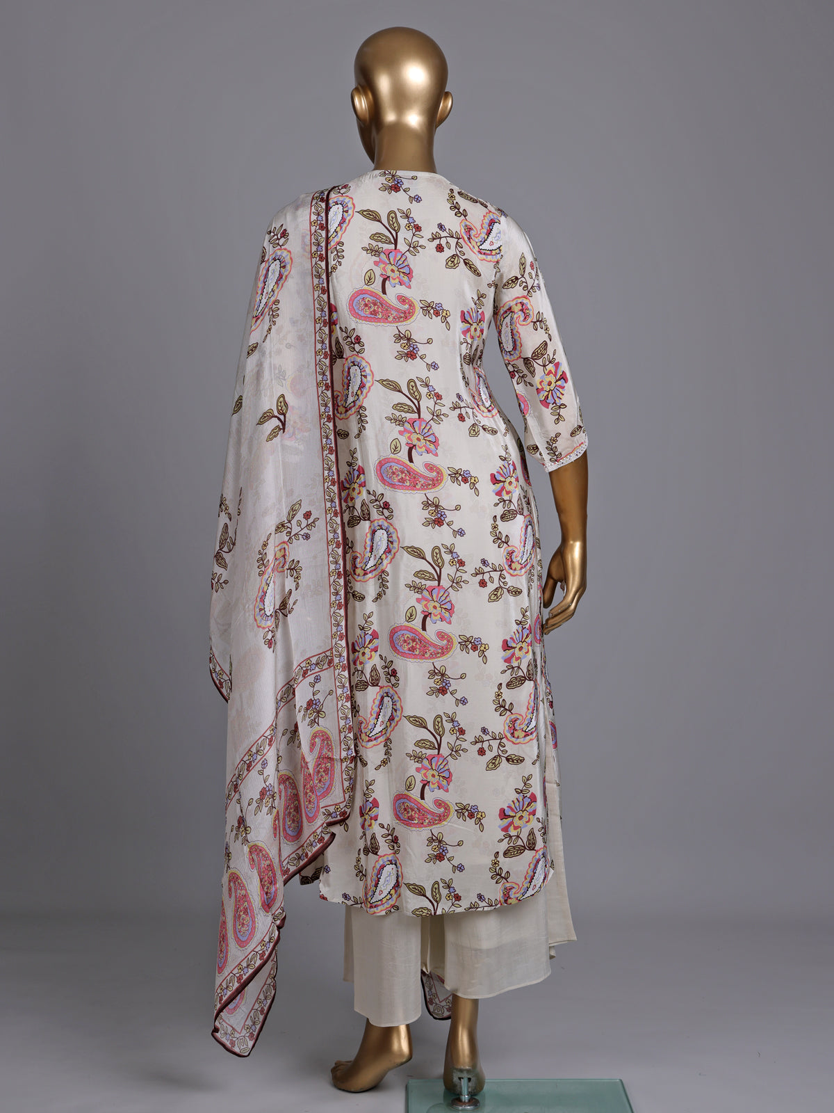 Cream silk printed kurti set with embellished palazzo and dupatta