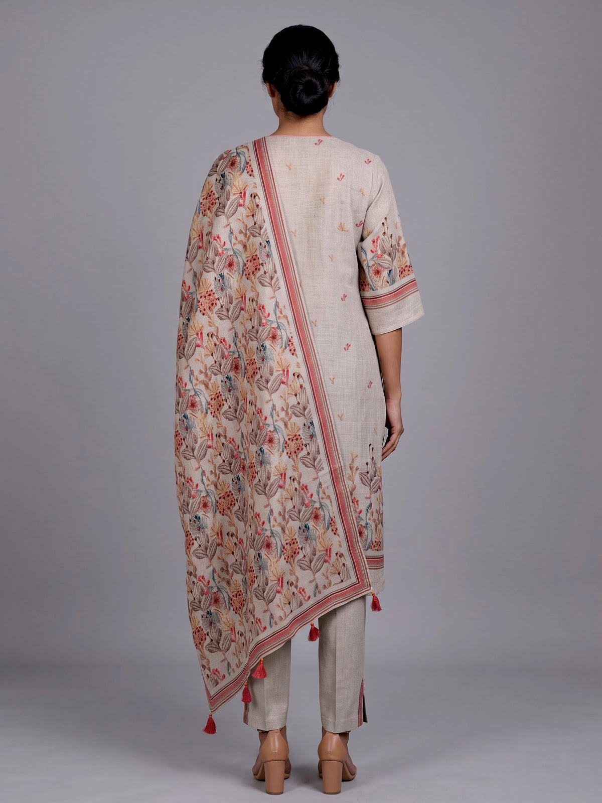 Beige linen printed kurti set with round neck and dupatta