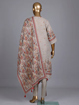 Beige linen printed kurti set with round neck and dupatta