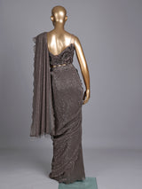 Brown designer net saree with zardosi embellished blouse detailing