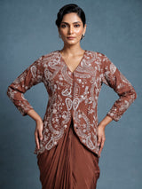 Light brown designer satin silk ready-to-wear saree with embellishments