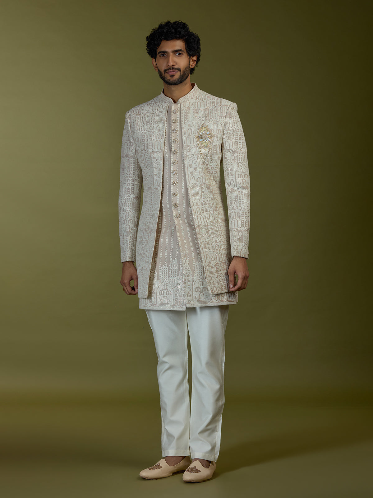 Beige architectural jacquard silk men indo western