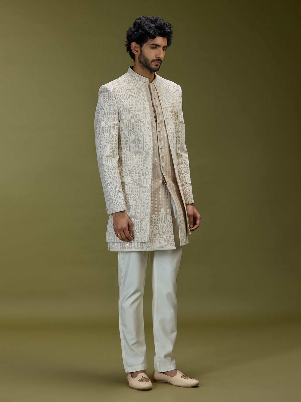 Beige architectural jacquard silk men indo western