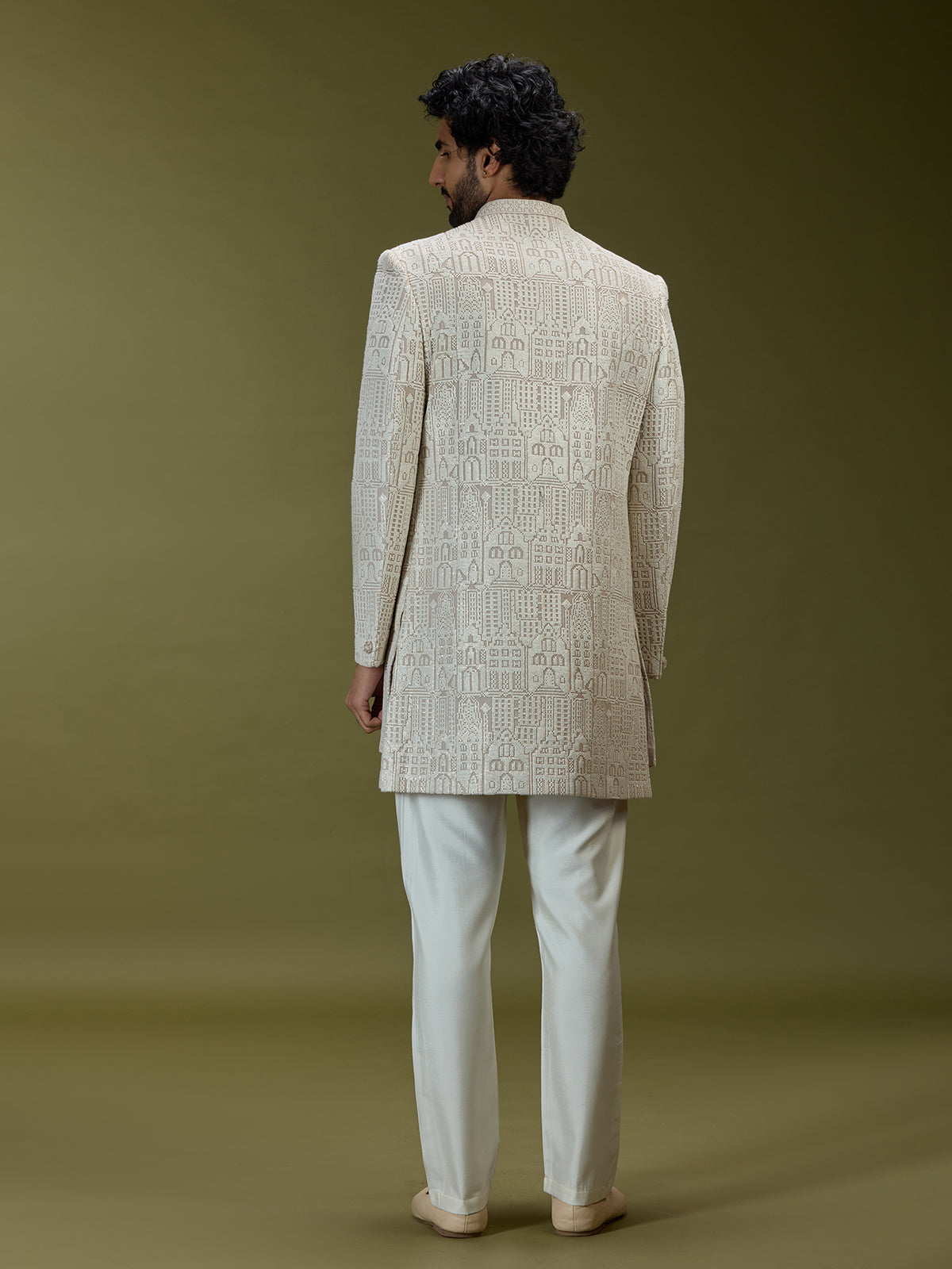 Beige architectural jacquard silk men indo western