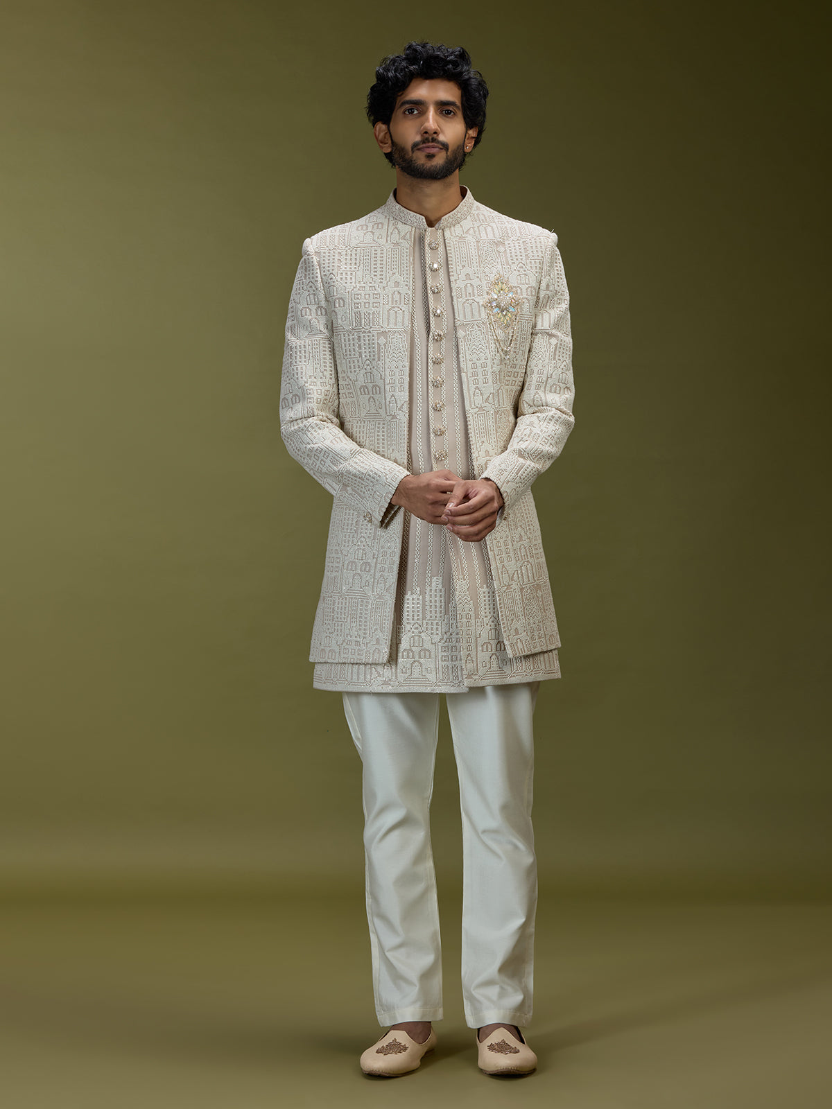 Beige architectural jacquard silk men indo western