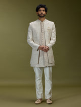 Beige architectural jacquard silk men indo western