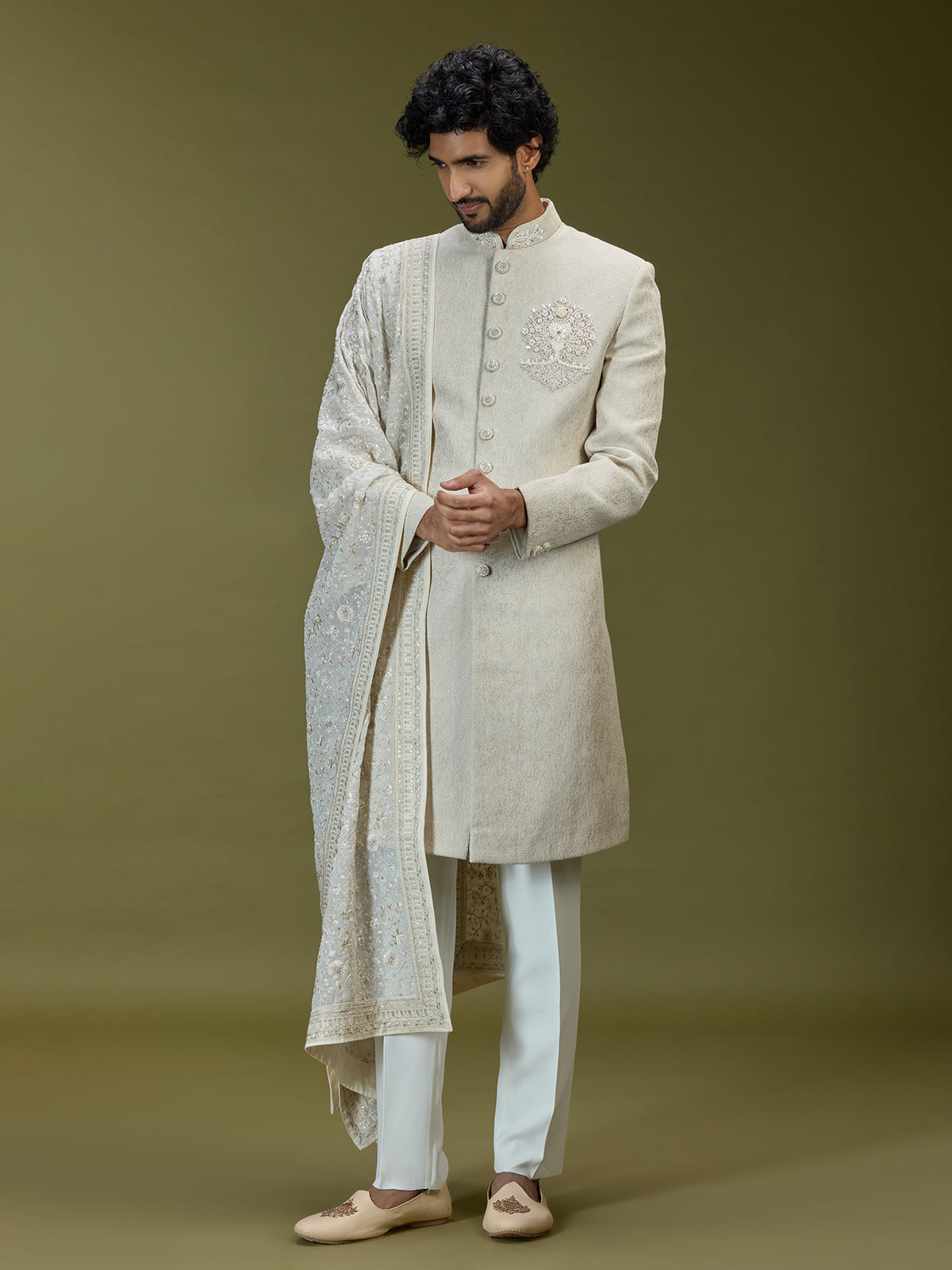 Cream exquisite jacquard silk men indo western with dupatta