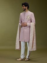 Pastel pink luxurious polyester silk men indo western with dupatta