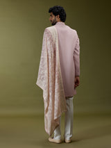 Pastel pink luxurious polyester silk men indo western with dupatta