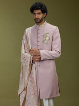 Pastel pink luxurious polyester silk men indo western with dupatta