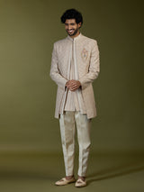 Beige geometric polyester silk men indo western
