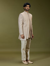 Beige geometric polyester silk men indo western