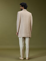Beige geometric polyester silk men indo western