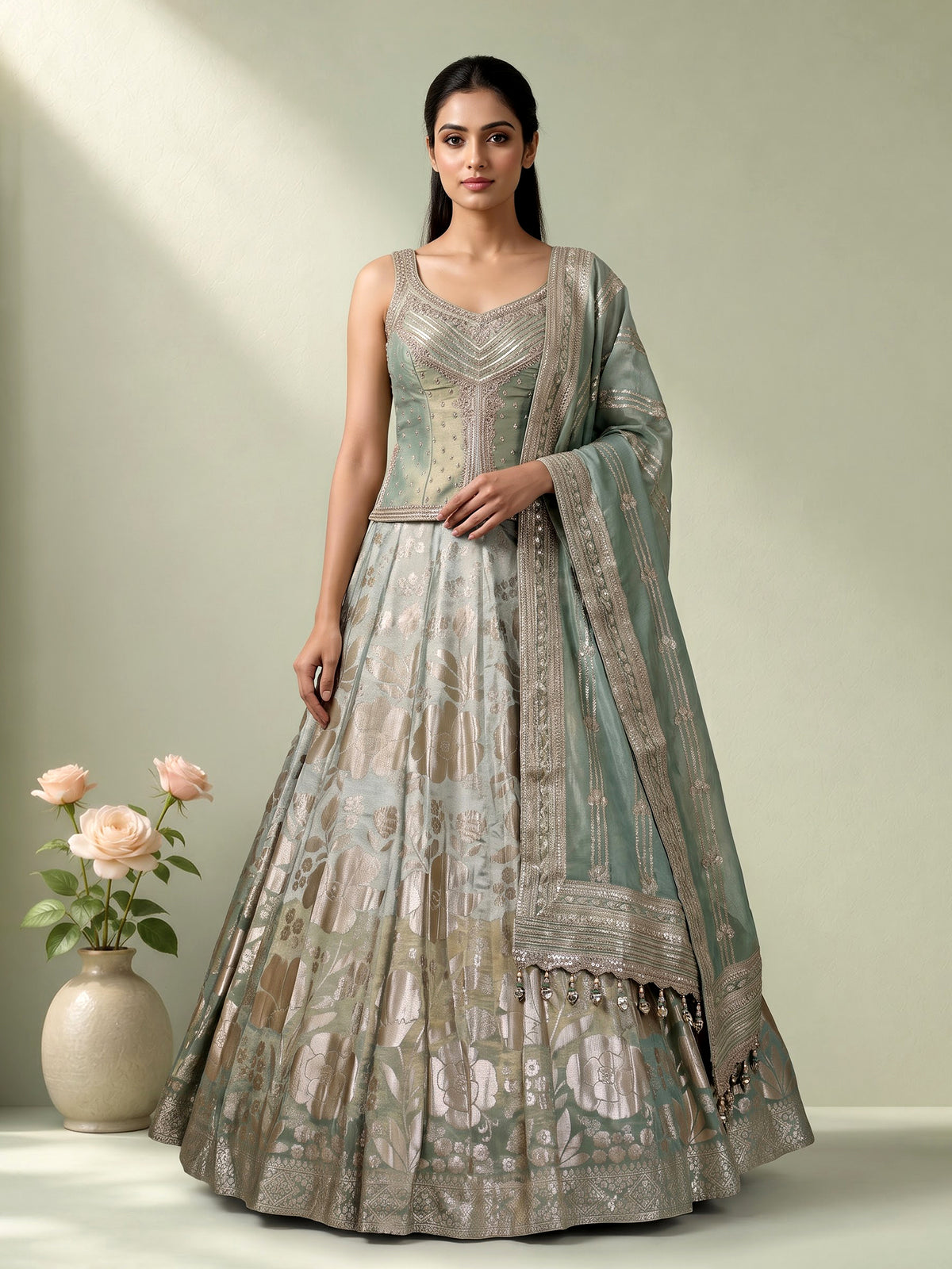 Pista green silk lehenga choli with mirror and zardosi work