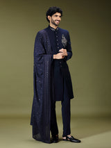 Navy blue opulent polyester silk men indo western with dupatta