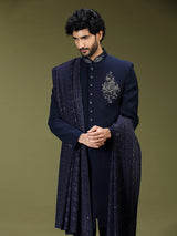 Navy blue opulent polyester silk men indo western with dupatta