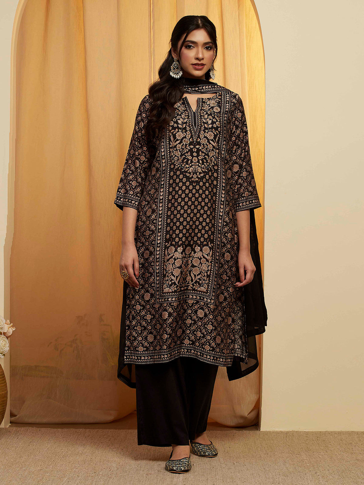Black straight printed kurti set for festive celebration