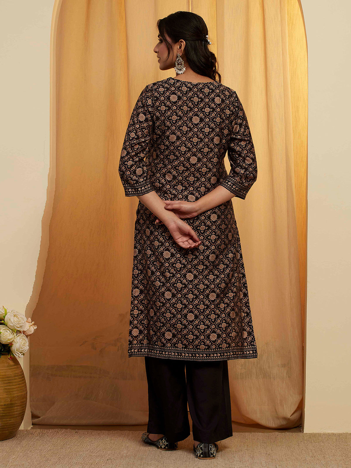Black straight printed kurti set for festive celebration