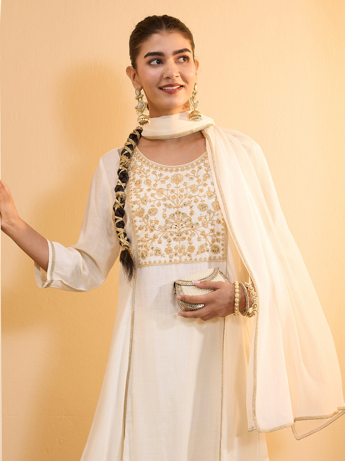 Off white anarkali kurti set with dupatta