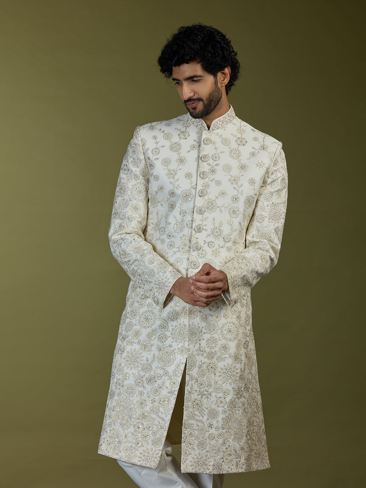 Off white opulent mughal premium mens sherwani