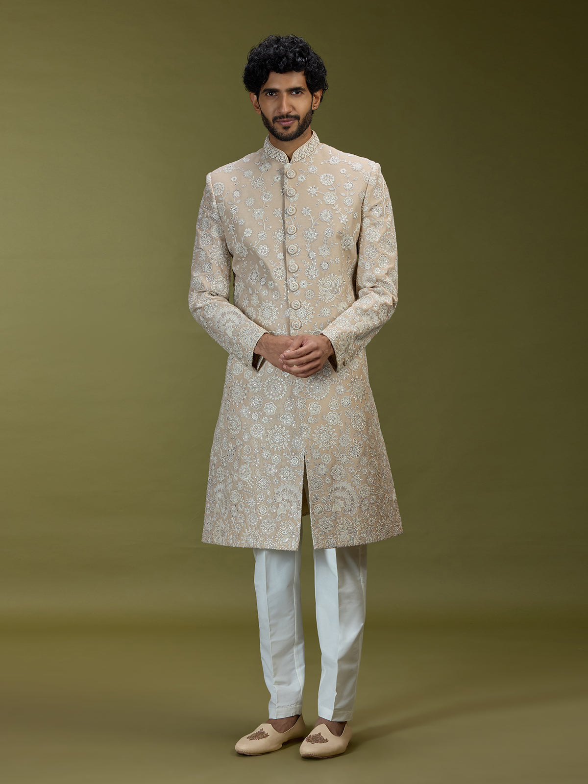 Beige regal floral premium raw silk mens sherwani