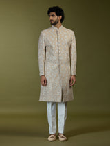 Beige regal floral premium raw silk mens sherwani