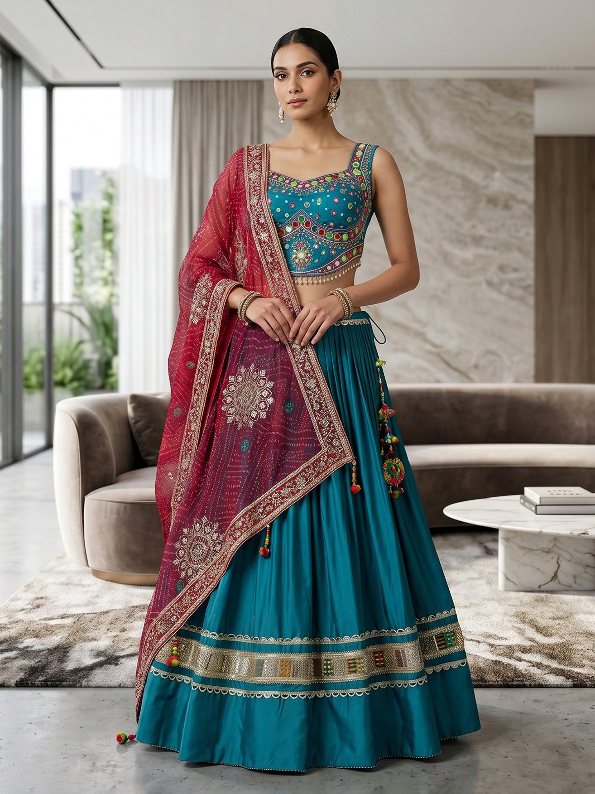 Teal blue mirror work lehenga choli for garba nights