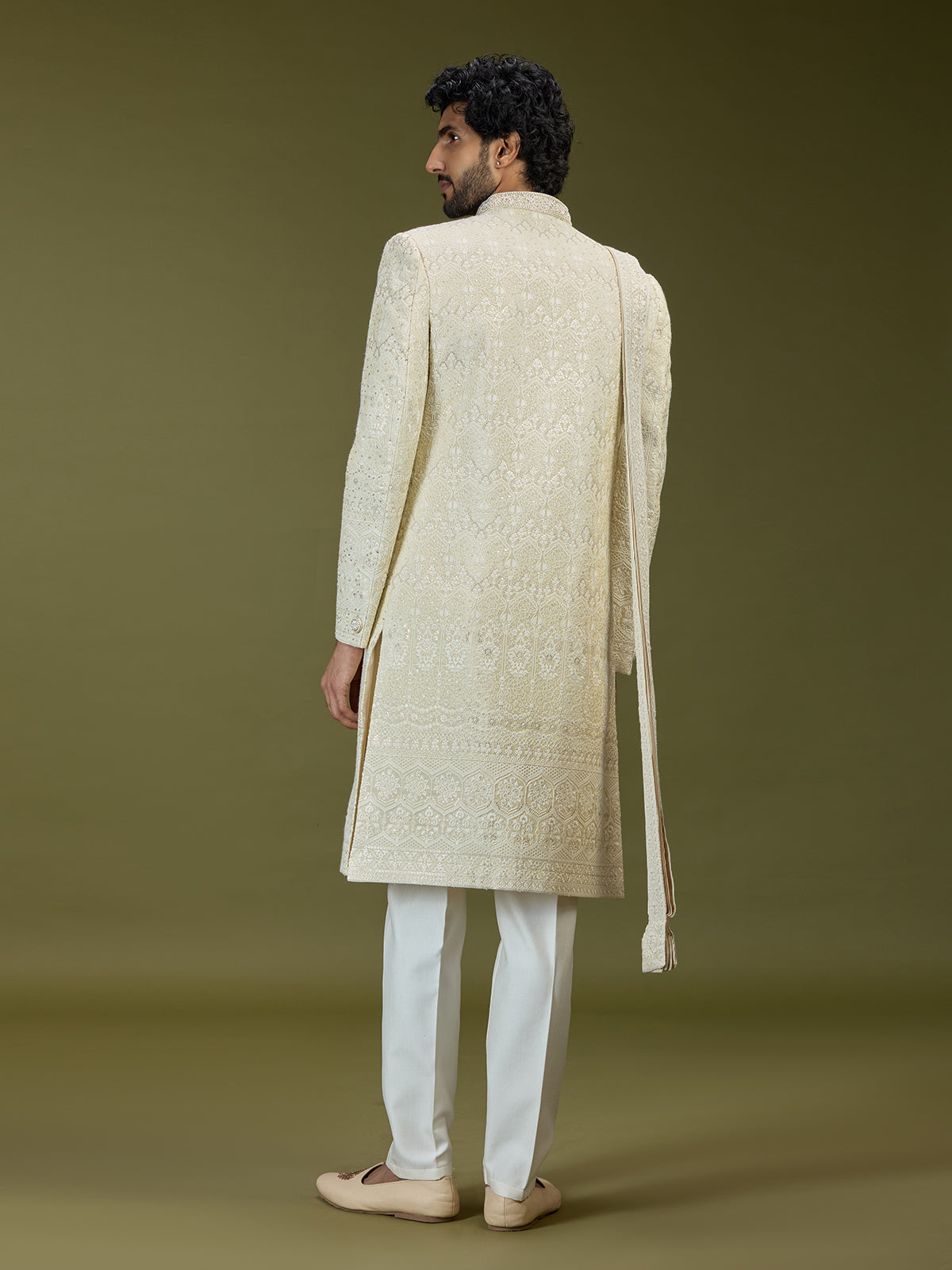 Cream opulent swarovski premium mughal mens sherwani