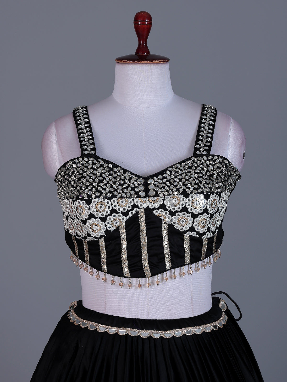 Black cotton silk lehenga choli with bandhani print dupatta