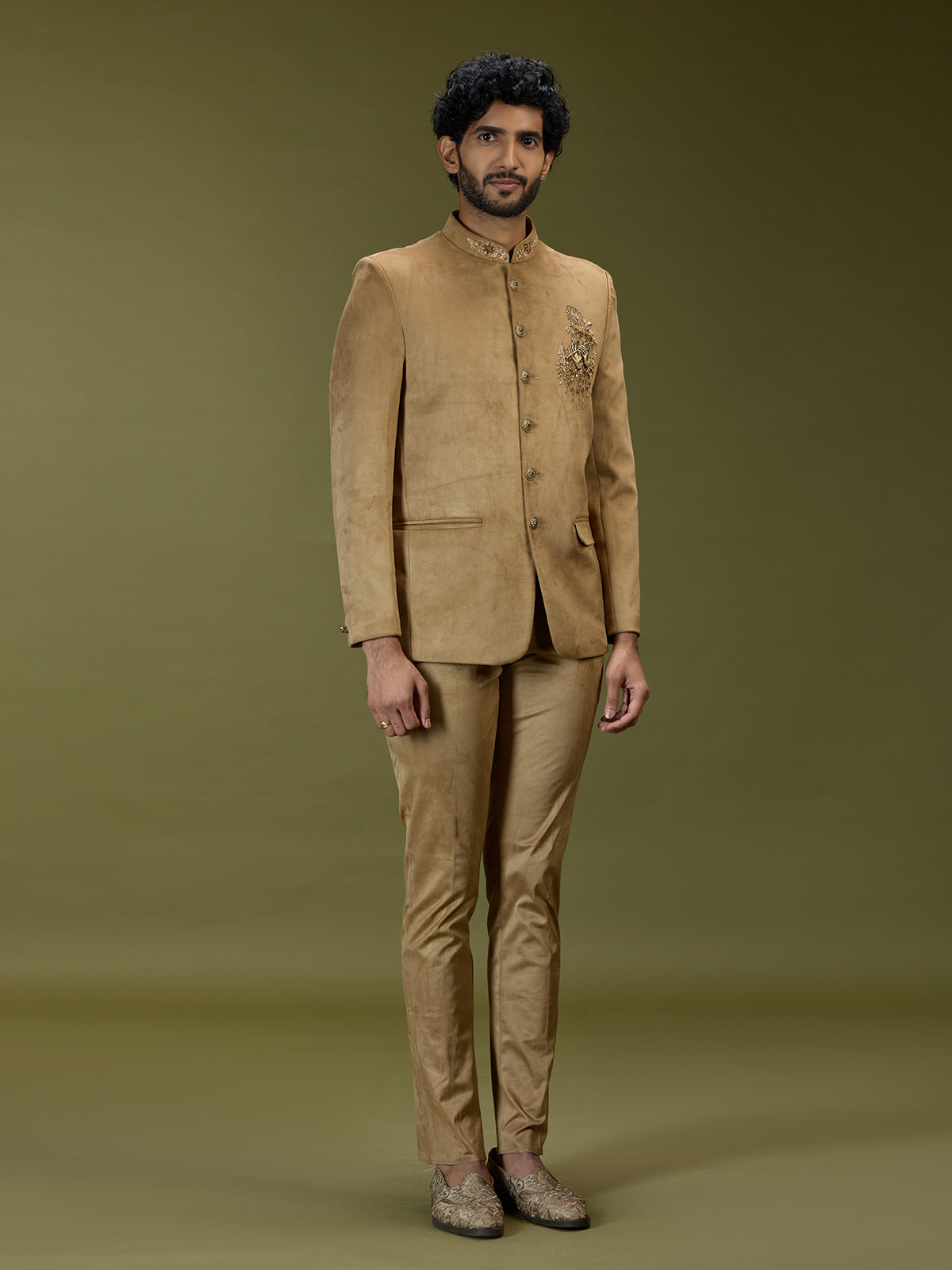 Gold royal krishna motif premium velvet jodhpuri suit
