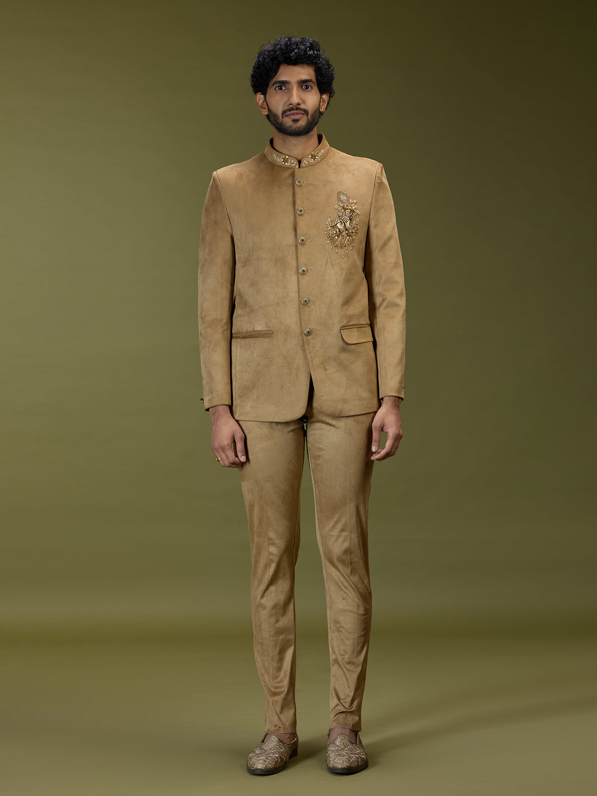 Gold royal krishna motif premium velvet jodhpuri suit