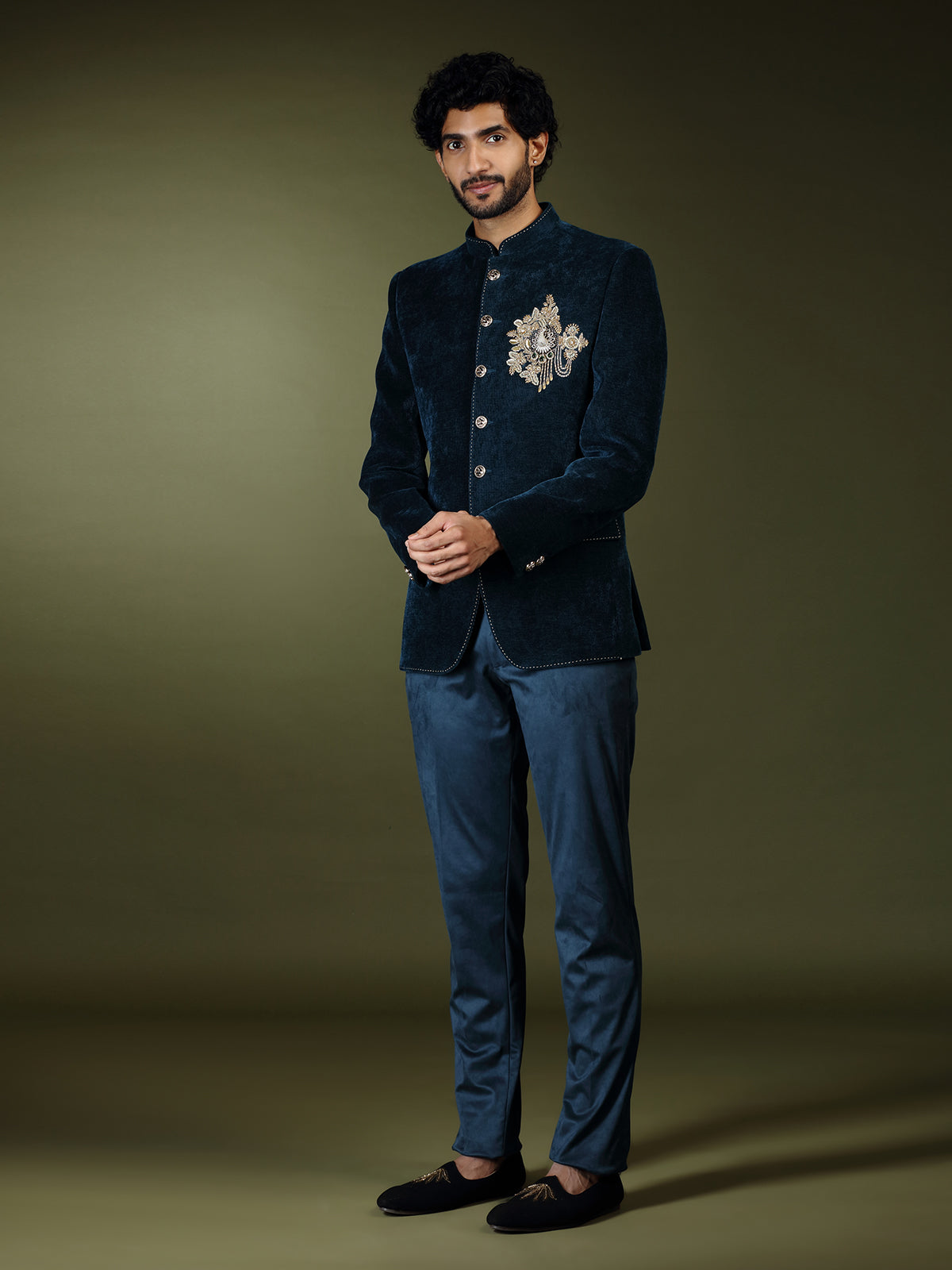 Teal blue royal velvet embellished jodhpuri suit