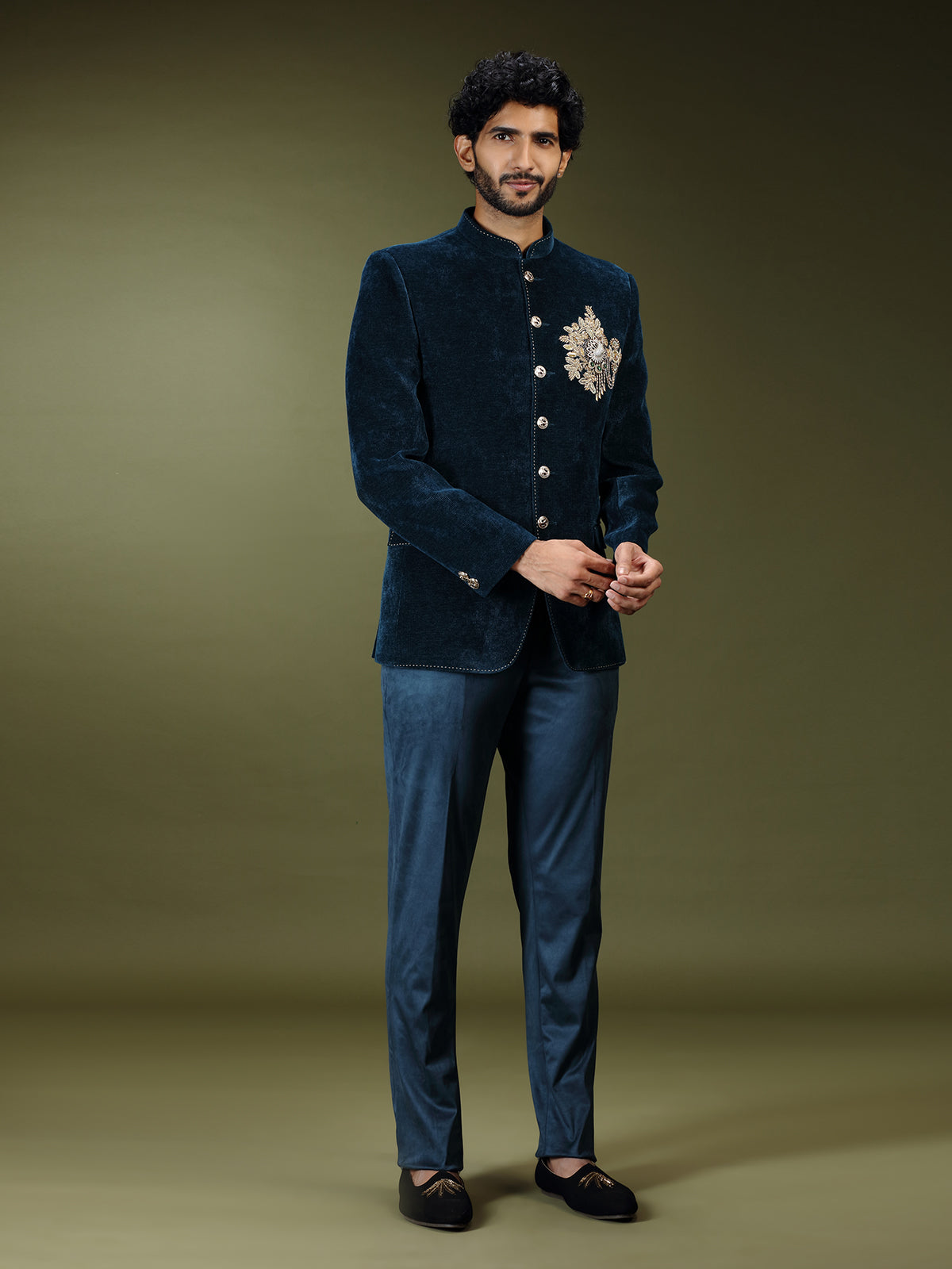 Teal blue royal velvet embellished jodhpuri suit