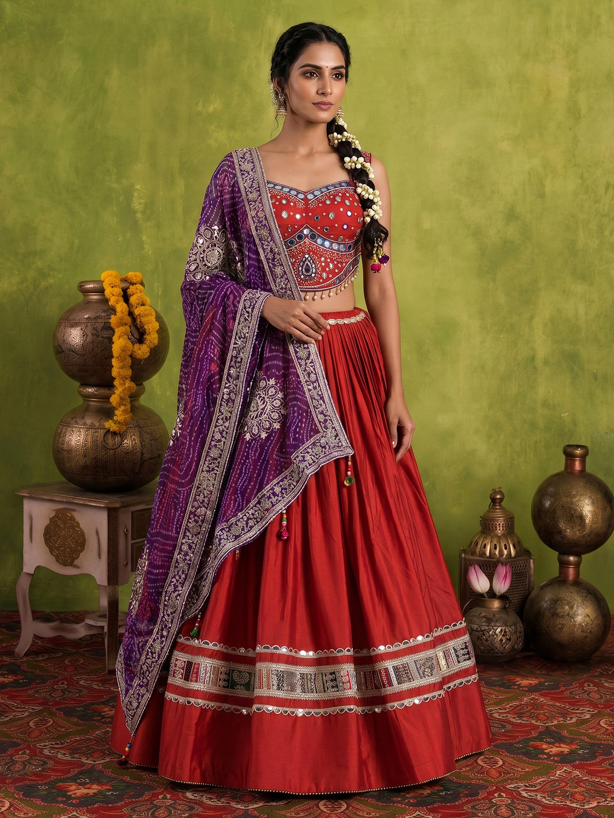 Brick red cotton silk navratri lehenga choli with bandhani dupatta