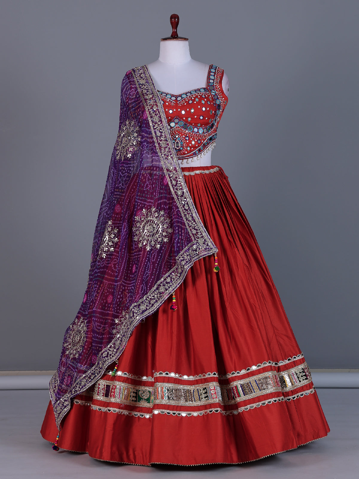 Brick red cotton silk navratri lehenga choli with bandhani dupatta