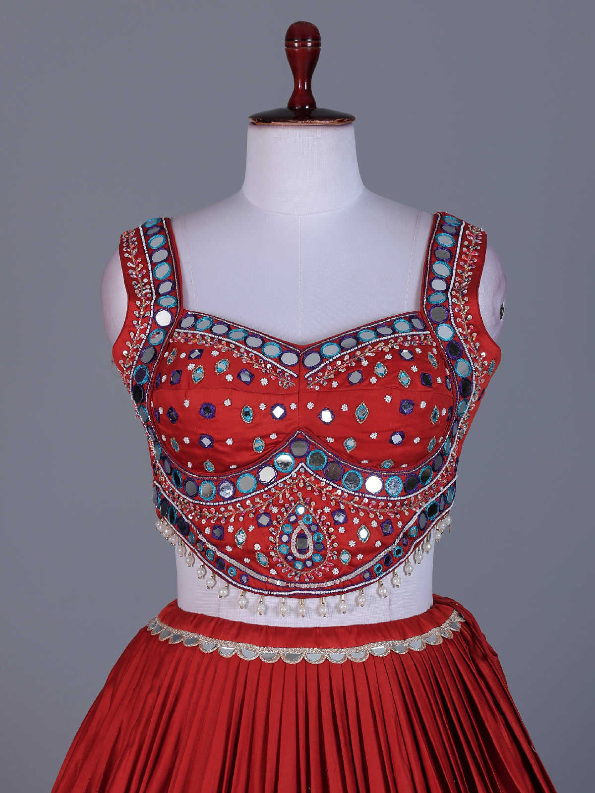 Brick red cotton silk navratri lehenga choli with bandhani dupatta