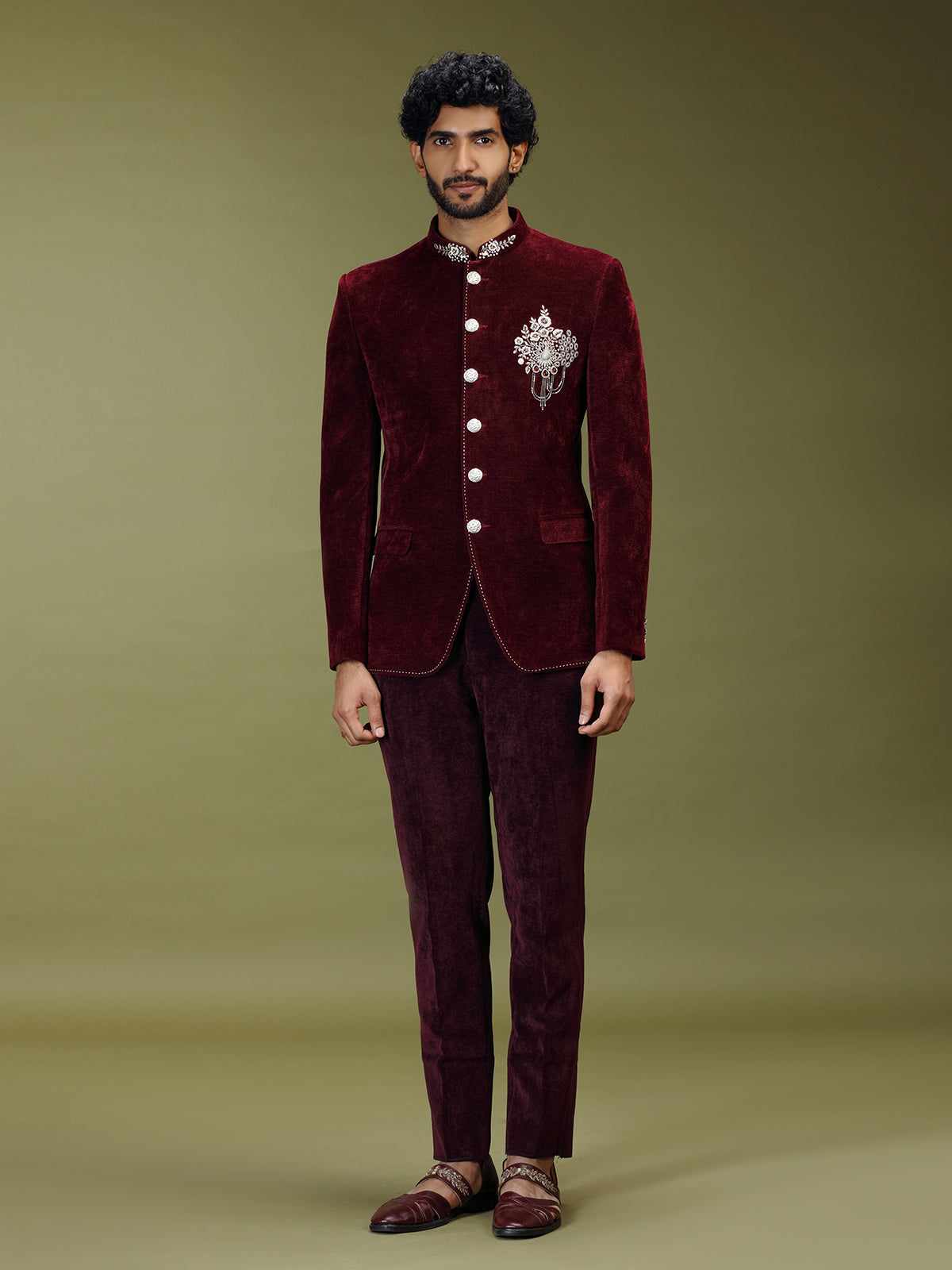 Maroon opulent velvet embroidered premium jodhpuri suit
