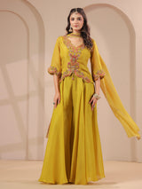Yellow scallop work top with draped dupatta and palazzo