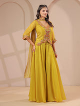 Yellow scallop work top with draped dupatta and palazzo