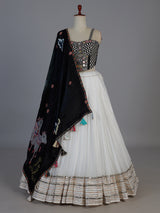 White kutchi mirror cotton silk navratri wear lehenga choli