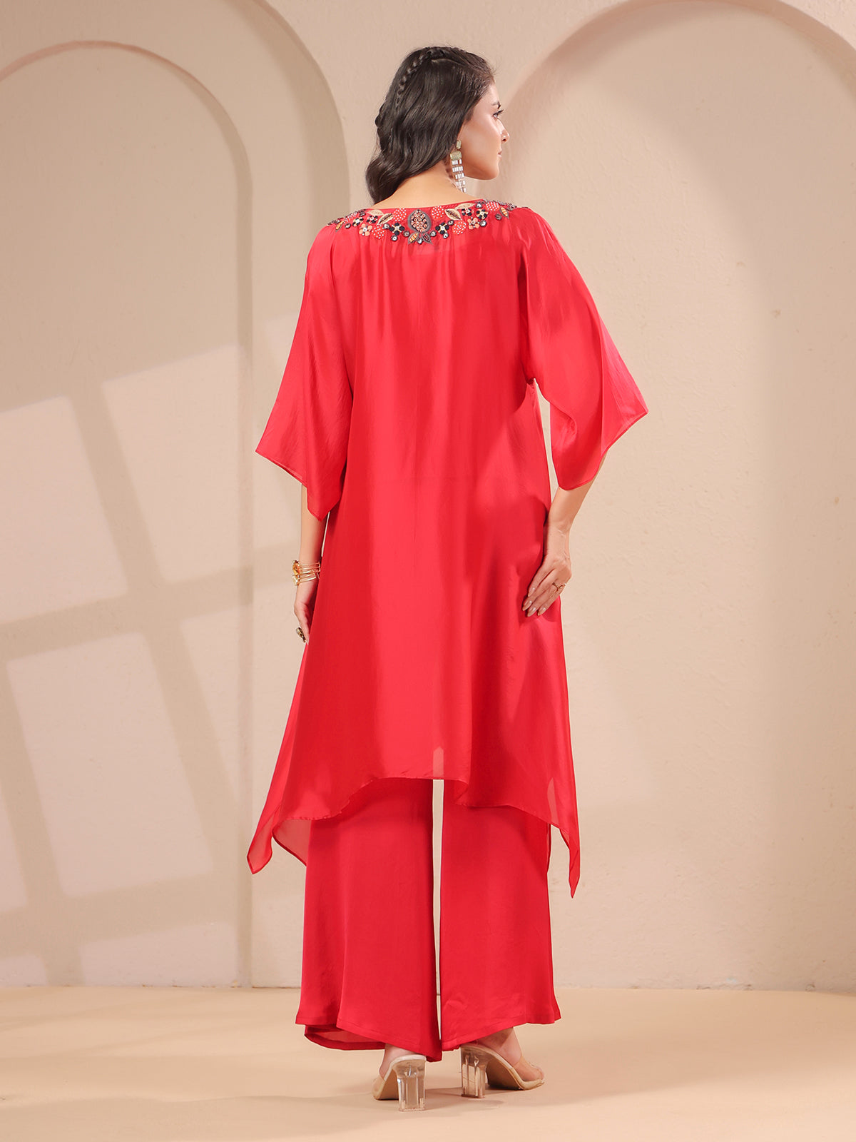 Red handwork aline kurta with inner and palazzo