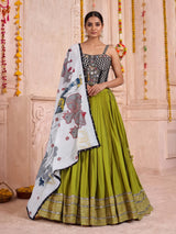 Parrot green pure silk blend lehenga choli with mirror work