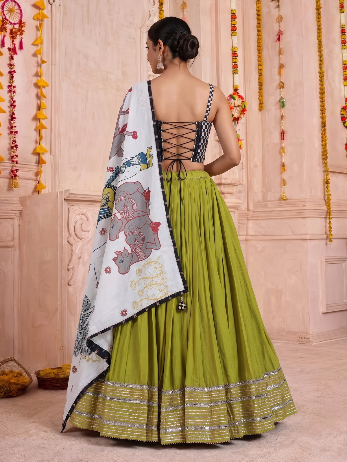 Parrot green pure silk blend lehenga choli with mirror work