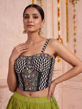 Parrot green pure silk blend lehenga choli with mirror work