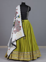 Parrot green pure silk blend lehenga choli with mirror work