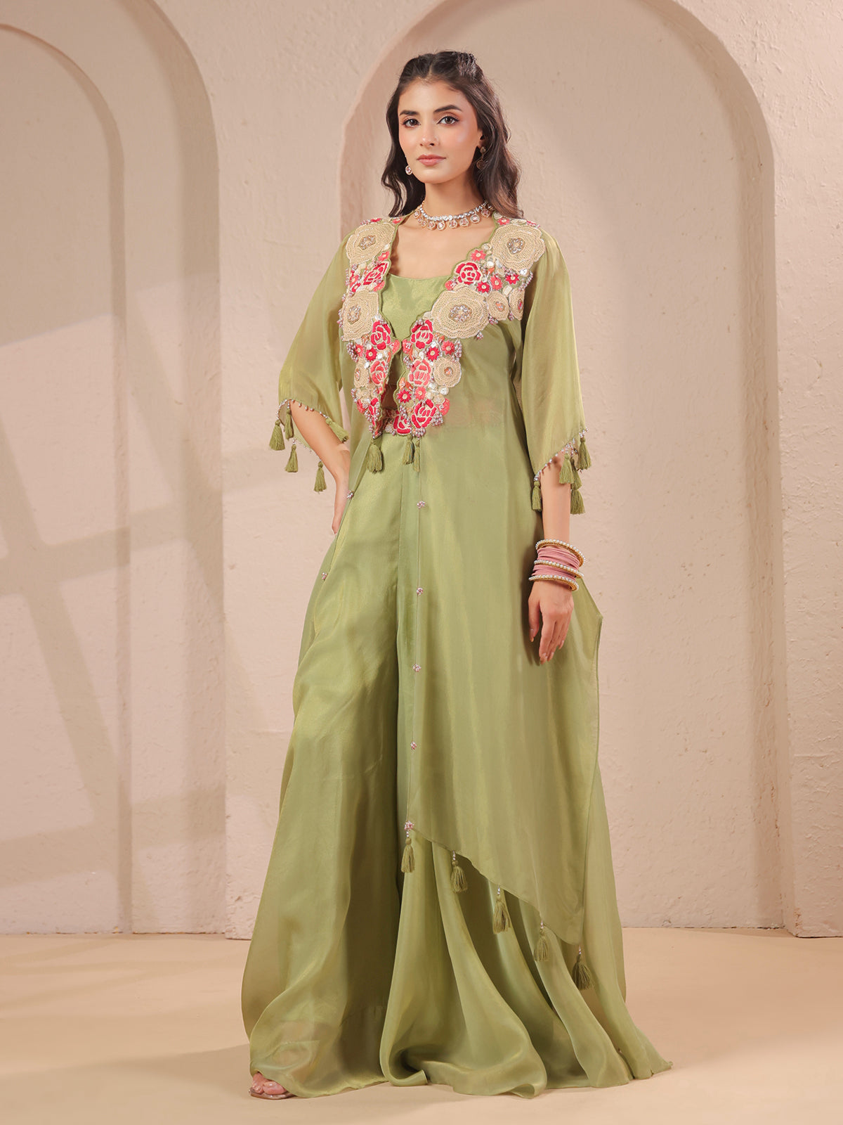Pista green handwork kurta bustier and designer palazzo set