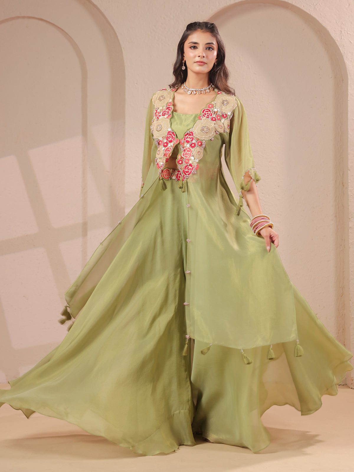 Pista green handwork kurta bustier and designer palazzo set