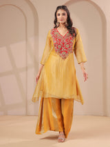 Mustard yellow handwork yoke style kurta with palazzo